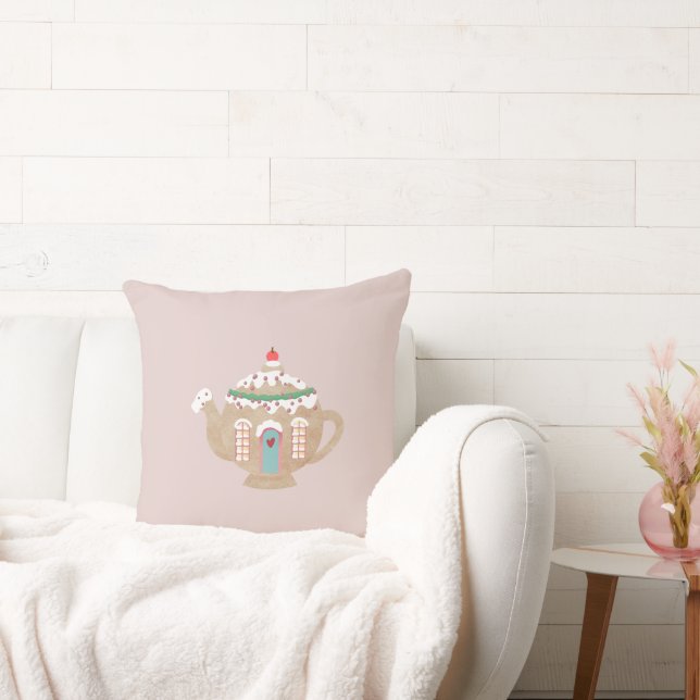 Christmas pink Gingerbread Tea Pot Print Cushion (Couch)