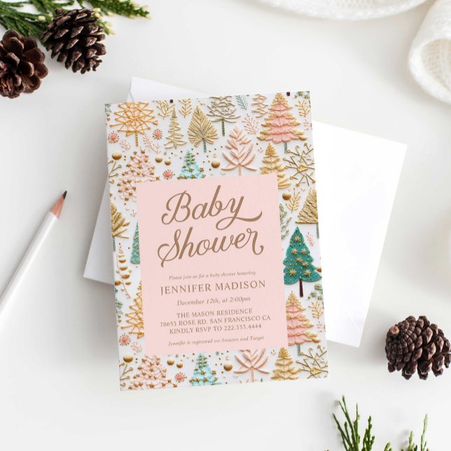Christmas Pink Girl Baby Shower Invitation (Winter Holiday Girl Baby Shower Invitation)