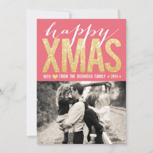 Christmas Pink Gold Glitter Photo Flat Card