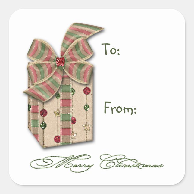Christmas Pink Green Package With Ribbons Gift Tag (Front)