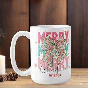 Christmas Pink Green Teal Bow Name Coffee Mug