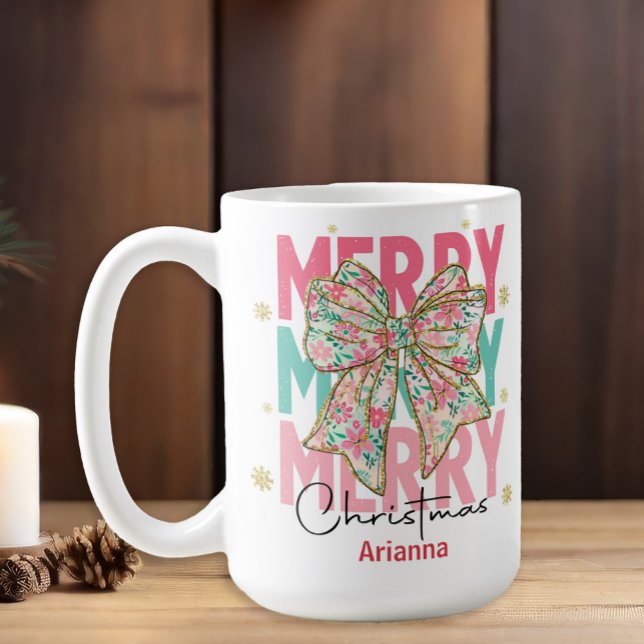 Christmas Pink Green Teal Bow Name Coffee Mug (Pastel pink and teal "Merry Christmas" mug with a big floral bow. Customized with a name)