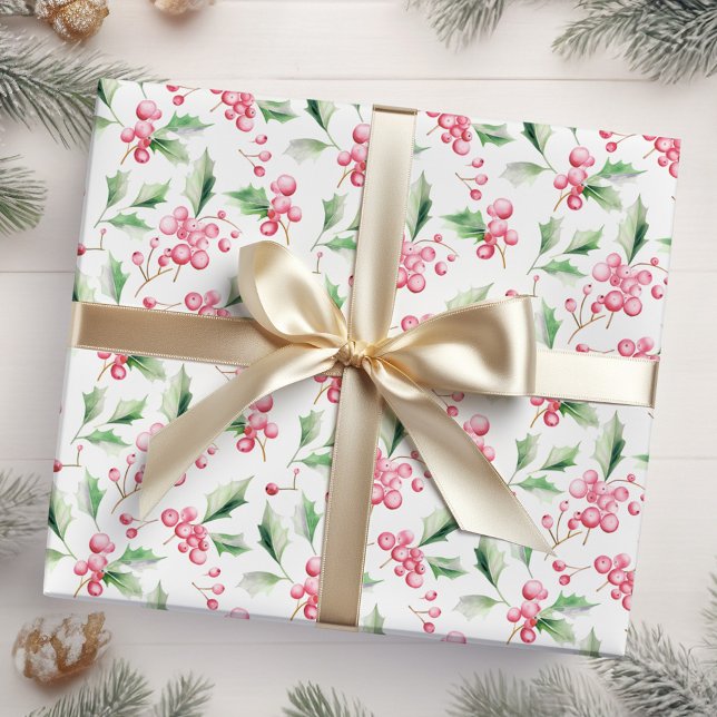 Christmas Pink Holly Berries Wrapping Paper (Creator Uploaded)