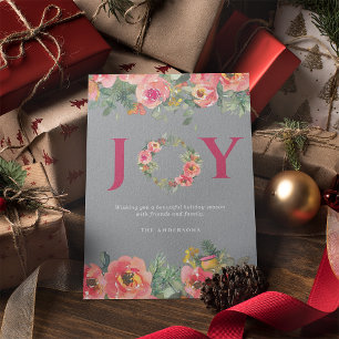 Christmas Pink Joy Wreath Botanical Holiday Card