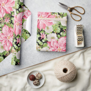 Christmas Pink Poinsettia Floral Holiday Wrapping Paper