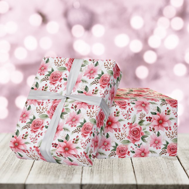 Christmas Pink Poinsettia + Pink Rose Pattern Wrapping Paper (Creator Uploaded)