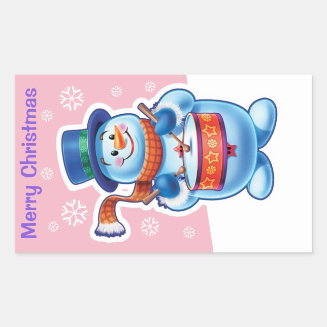 Christmas pink rectangle sticker Snowman drummer. (Front)
