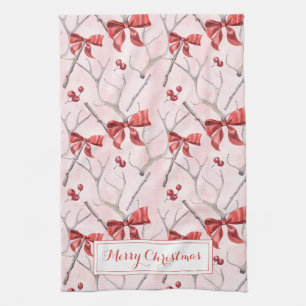 Christmas Pink Ribbons And Holly Berries Holiday K Tea Towel