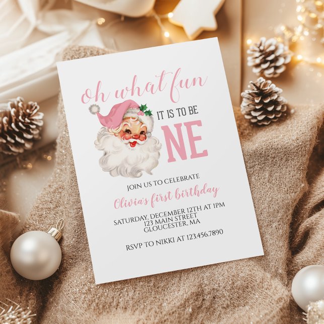 Christmas Pink Santa First Birthday Invitation (Creator Uploaded)