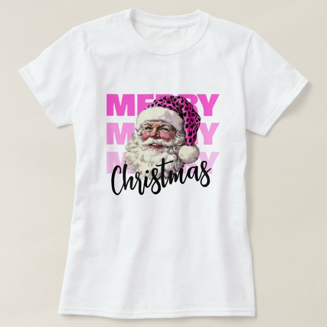 Christmas Pink Santa Leopard Tshirt (Design Front)
