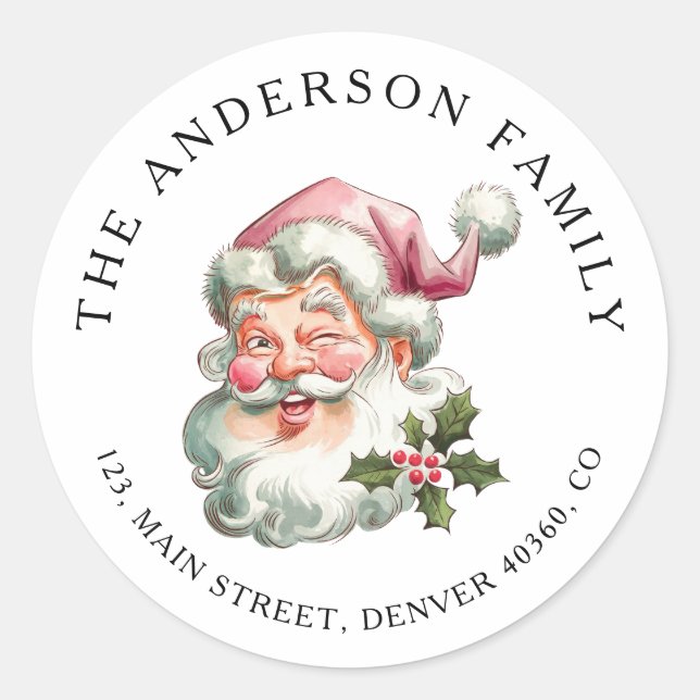 Christmas pink Santa return address label (Front)