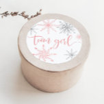 Christmas pink silver snowflakes team girl  classic round sticker<br><div class="desc">Christmas pink silver snowflakes team girl Classic Round Sticker.
Matching "Team boy" stickers available. Check the collection!</div>