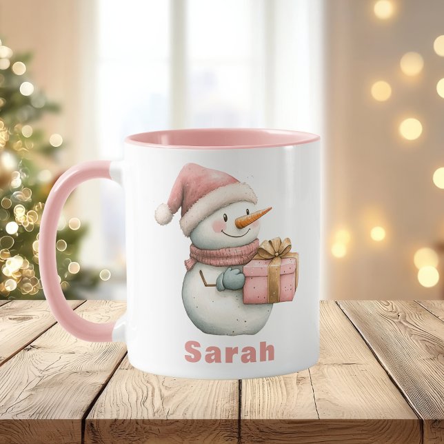Christmas Pink Snowman Gift Custom Name Mug (Christmas Pink Snowman Gift Custom Name Mug
)