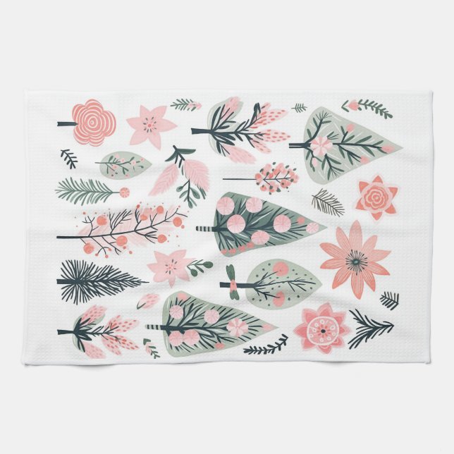 Christmas Pink Tree Abstract Doodles Tea Towel (Horizontal)