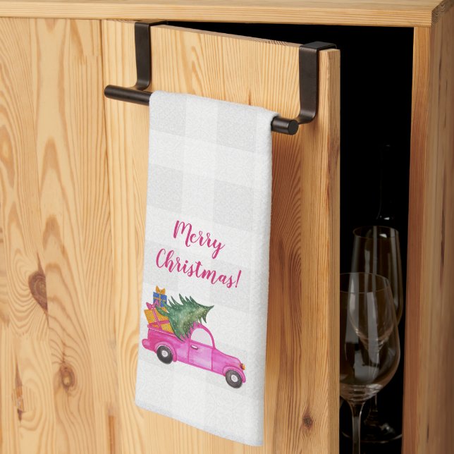 Christmas Pink Truck With Tree And Wishes Tea Towel (Thirds Fold)