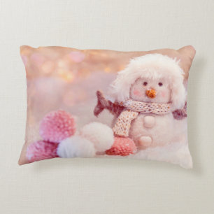 Christmas Pink & White Fluffy Snowman Decorative Cushion