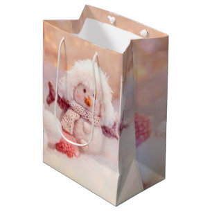 Christmas Pink & White Fluffy Snowman Medium Gift Bag
