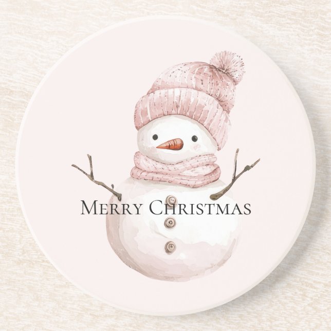 Christmas Pink White Snowman Coaster (Front)