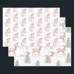 Christmas Pink White Snowman Deer Green Trees Wrapping Paper Sheet<br><div class="desc">Christmas Pink Green Snowman Deer Trees</div>