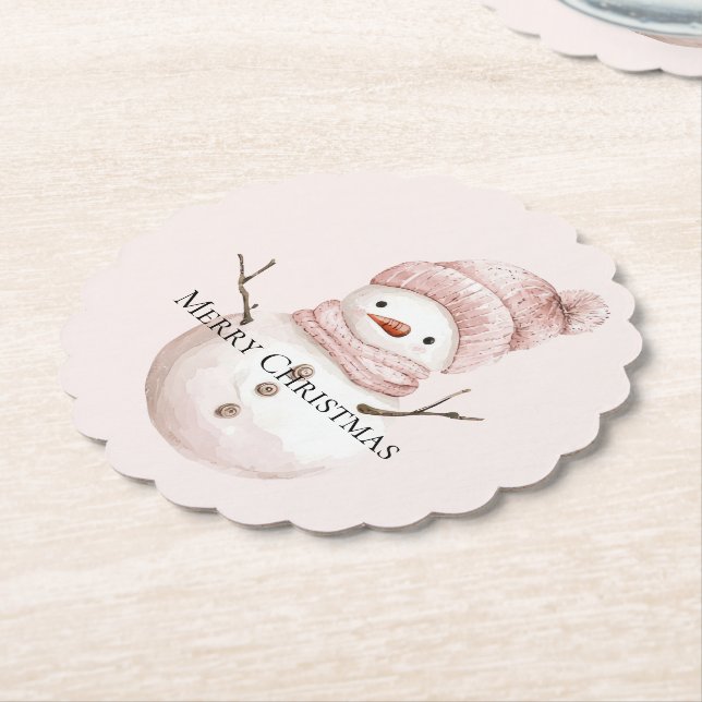Christmas Pink White Snowman Paper Coaster (Angled)