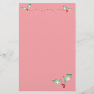 Christmas Pink With Soft Green Holly Stationery