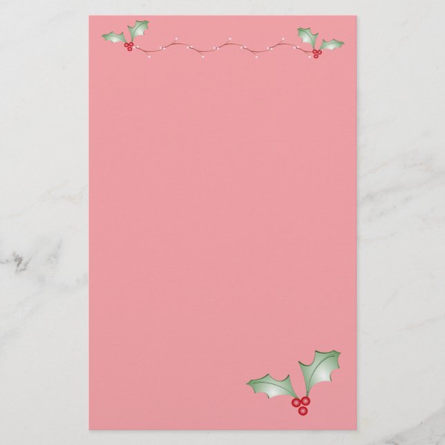 Christmas Pink With Soft Green Holly Stationery (Front)