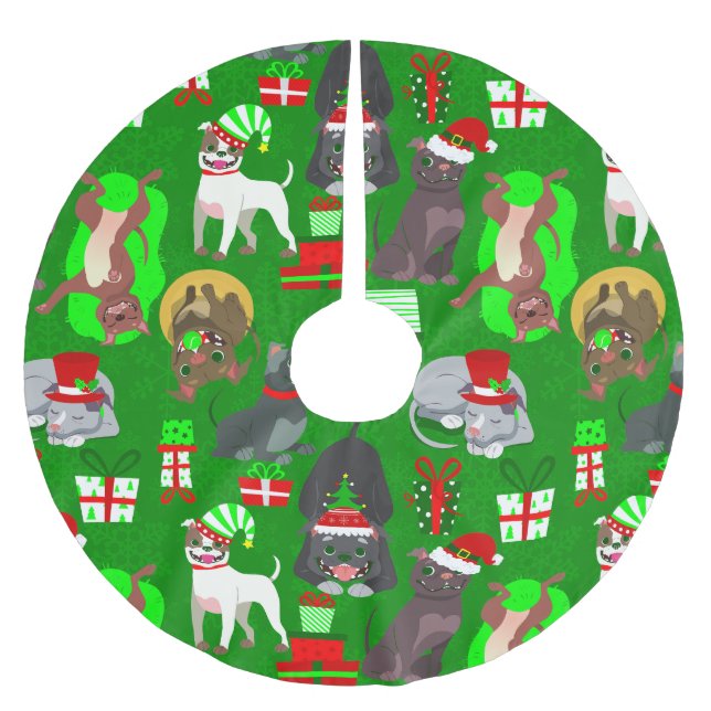 christmas pitbull puppy santa dog  brushed polyester tree skirt (Front)