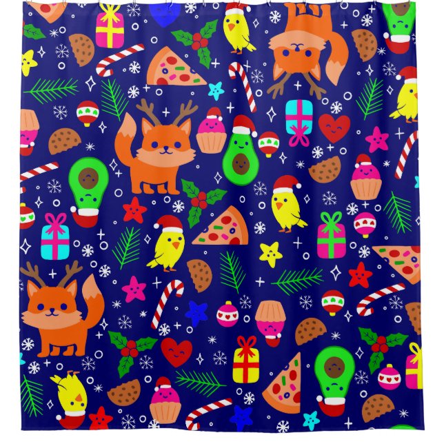 christmas pizza chick bird avocado blue shower curtain (Front)