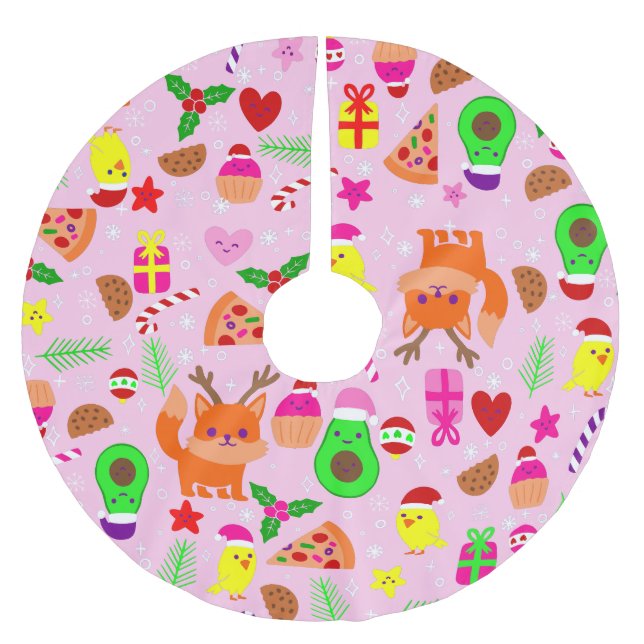 christmas pizza chick bird avocado pink brushed polyester tree skirt (Front)