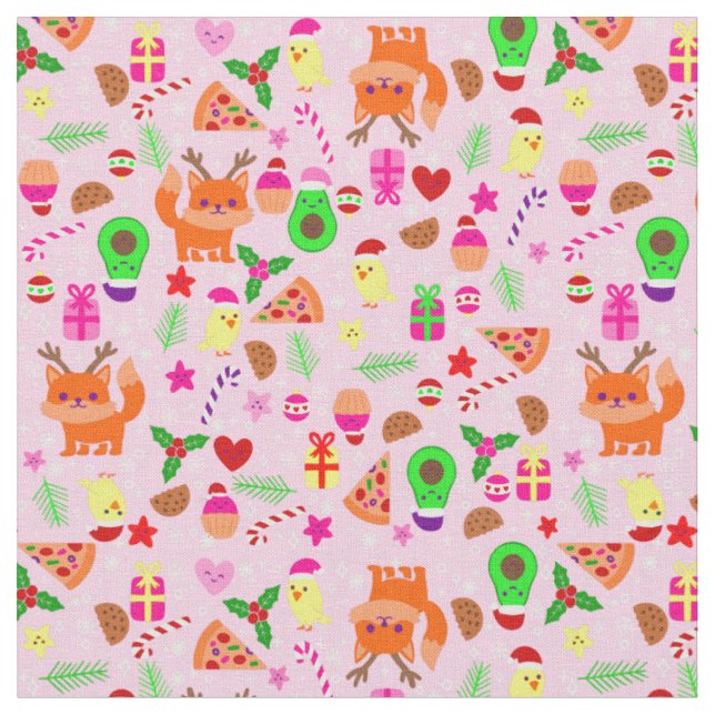 christmas pizza chick bird avocado pink fabric (Close Up)