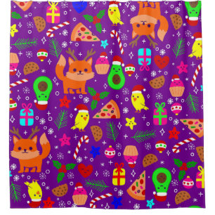 christmas pizza chick bird avocado purple  shower curtain