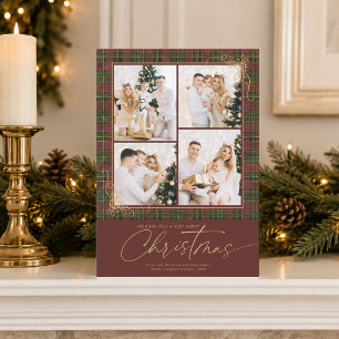 Christmas Plaid 4 Photo Collage Hand-Drawn Script Holiday Card