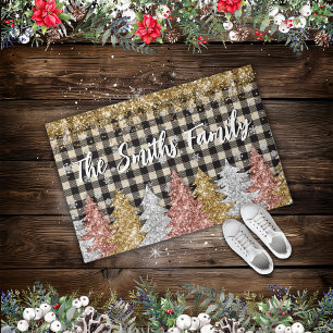 Christmas Plaid And Glitter Family Name Doormat