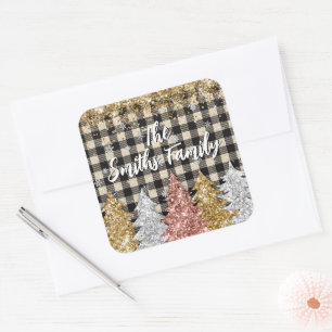 Christmas Plaid And Glitter Family Name Square Sticker