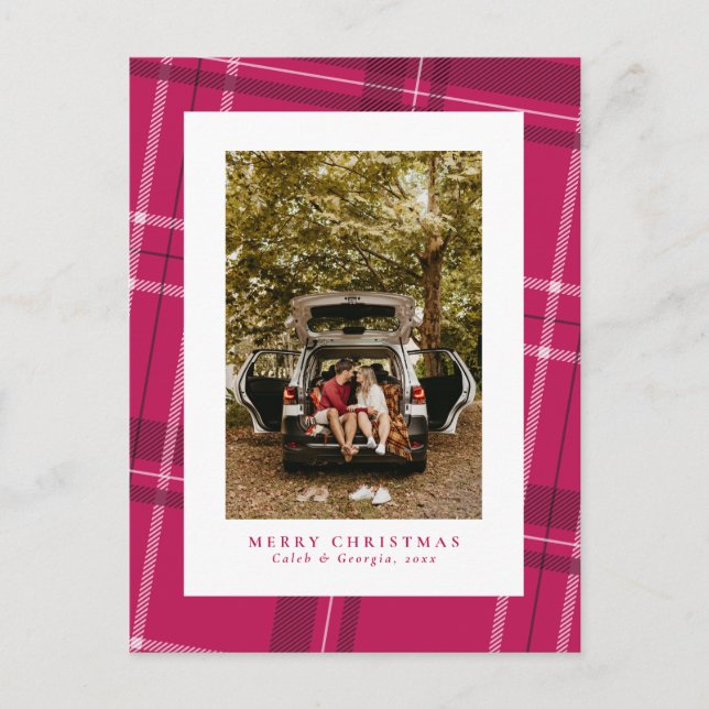 Christmas plaid bold magenta pink photo holiday postcard (Front)