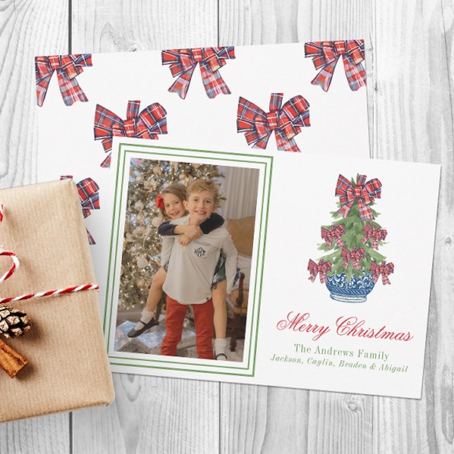 Christmas Plaid Bow Chinoiserie Topiary Tree Photo Holiday Card (Creator Uploaded)