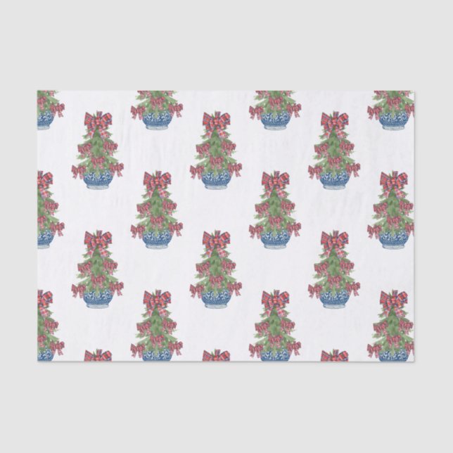 Christmas Plaid Bow Chinoiserie Topiary Tree Tissue Paper (Front)