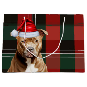 Christmas Plaid Brown Pit Bull Dog Lover Large Gift Bag
