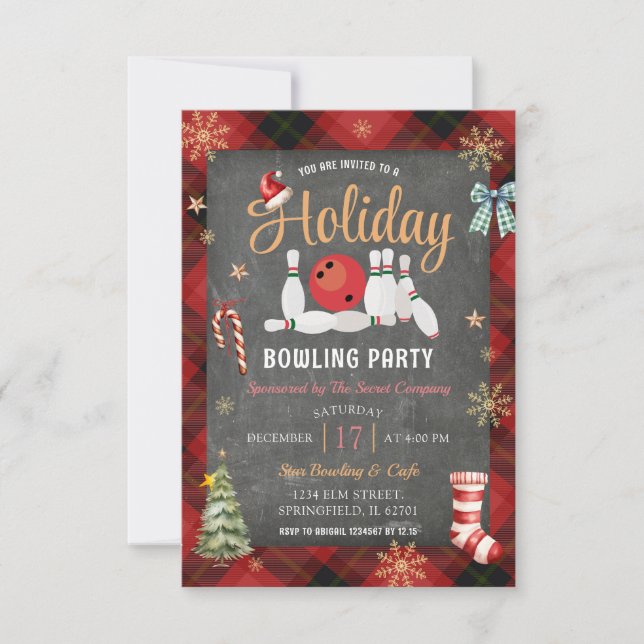 Christmas Plaid Chalkboard Holiday Bowling Party Invitation (Front)