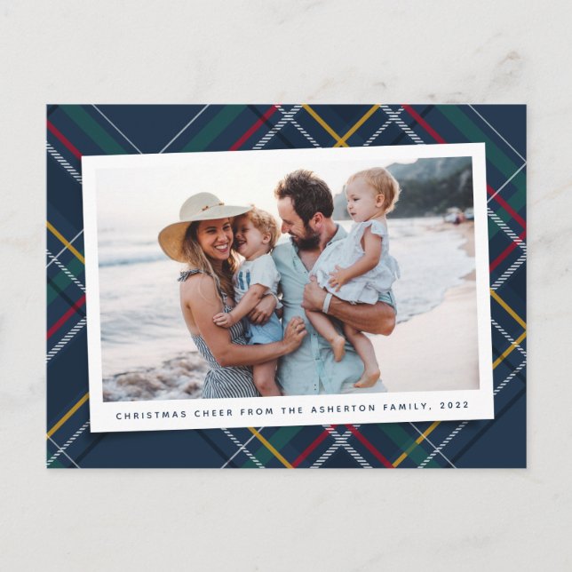 Christmas plaid classic navy tartan one photo holiday postcard (Front)