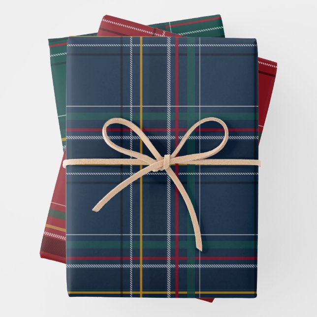 Christmas plaid coordinating red navy green wrapping paper sheet (In situ)