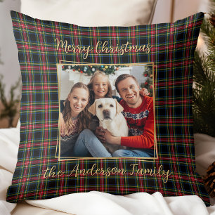 Christmas Plaid Custom Gold Modern Photo Family Cushion