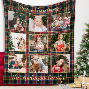 Christmas Plaid Custom Gold Photo Collage Family Fleece Blanket