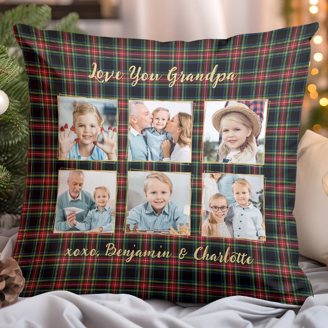 Christmas Plaid Custom Gold Photo Collage Grandpa Cushion (Creator Uploaded)