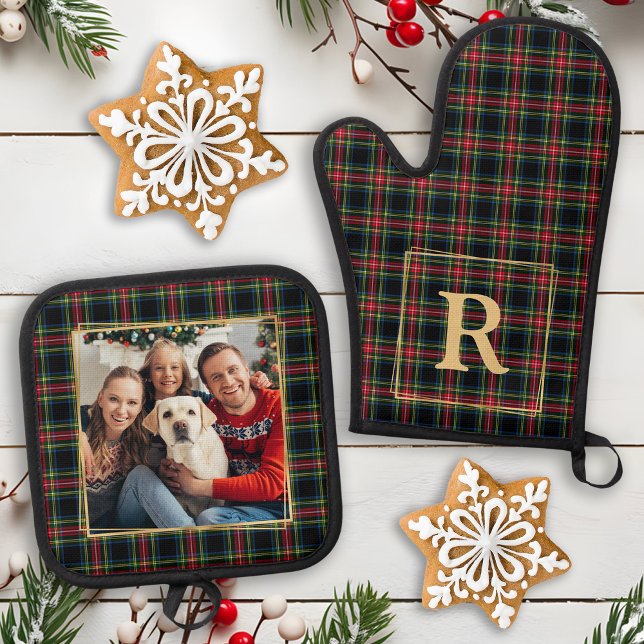 Christmas Plaid Custom Monogram Gold Photo Family Oven Mitt & Pot Holder Set (Creator Uploaded)