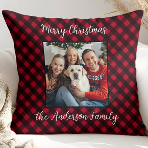 Christmas Plaid Family Personalised Modern Photo Cushion