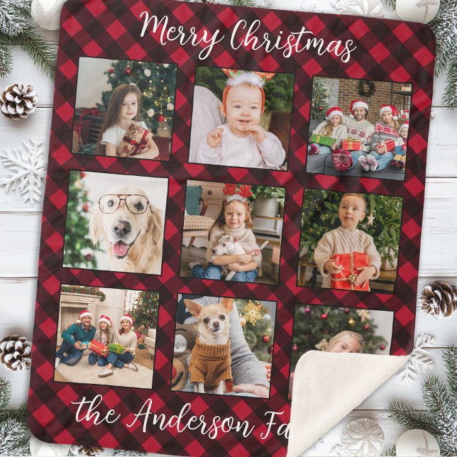 Christmas Plaid Family Personalised Photo Collage Sherpa Blanket (Creator Uploaded)