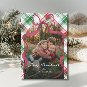 Christmas Plaid Family Photo Pink Bow Holiday Card