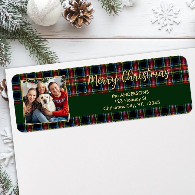 Christmas Plaid Gold Family Photo Return Address (Creator Uploaded)