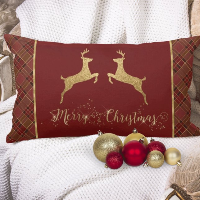 Christmas Plaid Gold Foil Deer Lumbar Cushion (Creator Uploaded)